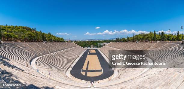 panathenaic stadium panorama in athens, greece - greece city fotografías e imágenes de stock