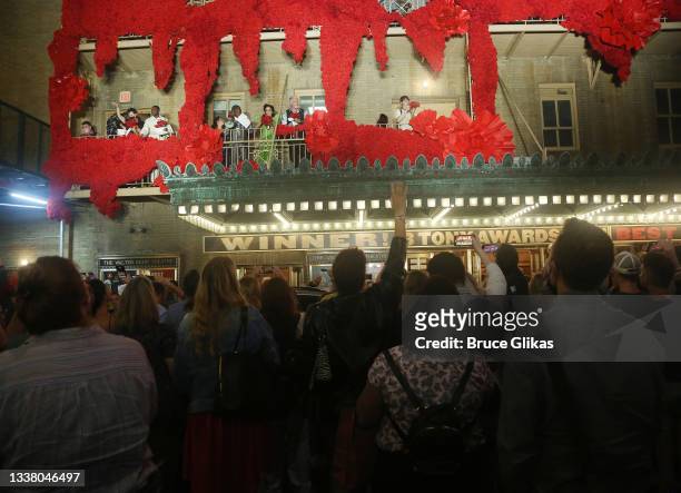 The cast and audience during the post curtain celebration for the re-opening night since the pandemic shutdown of "Hadestown" at The Walter Kerr...