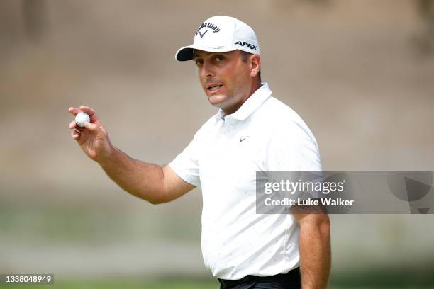 Francesco Molinari of Italy acknowledges the crowd on the ninth hole during Day Two of The Italian Open at Marco Simone Golf Club on September 03,...