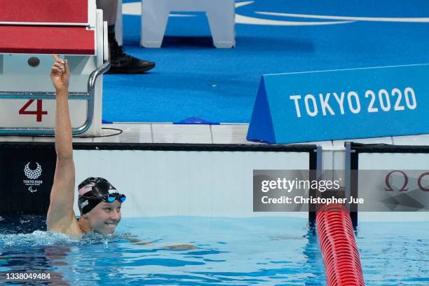 Jessica Long of Team United States celebrates after competing in the Women's 100m Butterfly - S8 Final on day 10 of the Tokyo 2020 Paralympic Games...