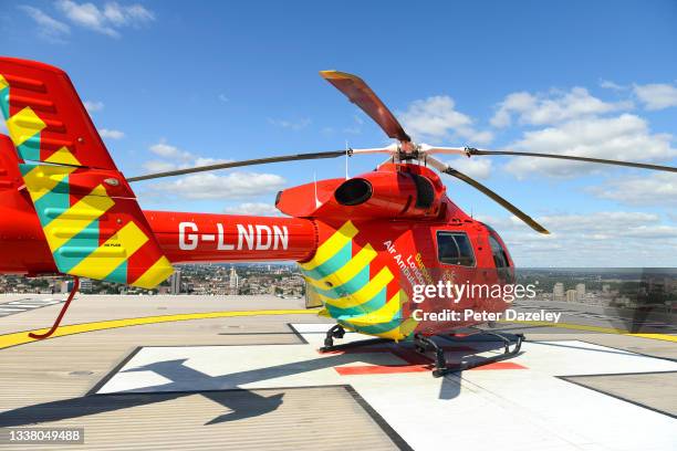 London's Air Ambulance on Helipad, Roof of the Royal London Hospital on August 25,2021 in London, United Kingdom.