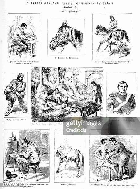 alles mögliche aus dem leben des preußischen soldaten, 9 bilder - storyboard stock-grafiken, -clipart, -cartoons und -symbole