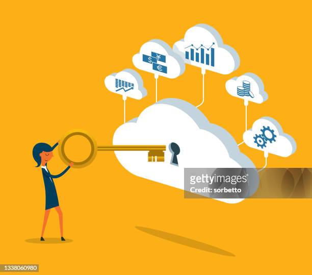 ilustraciones, imágenes clip art, dibujos animados e iconos de stock de servidor en la nube - businesswoman - ai money