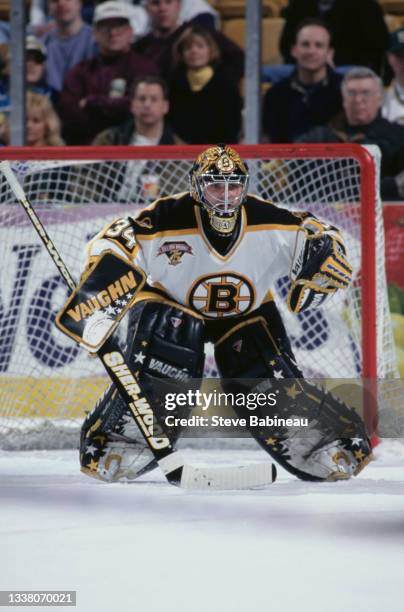 Byron Dafoe of Great Britain and Goaltender for the Boston Bruins tending goal during the NHL Eastern Conference Northeast Division game against the...