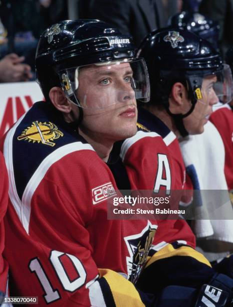 Pavel Bure of Russia and Right Wing for the Florida Panthers looks on from the bench during the NHL Eastern Conference Northeast Division game...