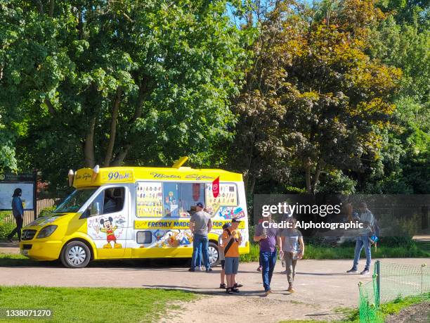 ice cream van in verulamium park, st albans with people enjoying the summer sunshine - hertfordshire stock pictures, royalty-free photos & images