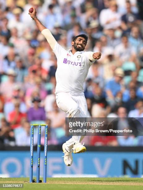 Jasprit Bumrah of India bowls during day two of the 4th LV= Test Match between England and India at The Kia Oval on September 03, 2021 in London,...