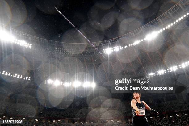 Holly Robinson of Team New Zealand throws to with the gold medal as she competes in the Women's Javelin - F45 on day 10 of the Tokyo 2020 Paralympic...
