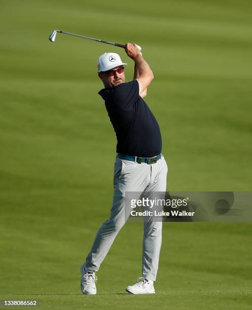 Mikko Korhonen of Finland plays his second shot on the 18th hole during Day Two of The Italian Open at Marco Simone Golf Club on September 03, 2021...