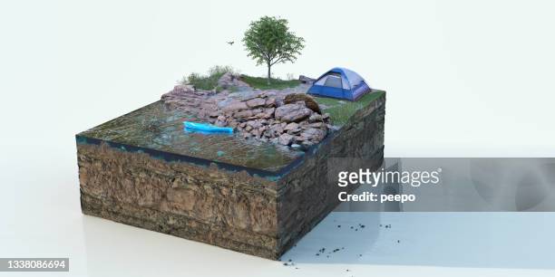 a square cross section of ground with lake, rocks, grass, flowers and tree beside a pitched camping tent - doorsnede stockfoto's en -beelden