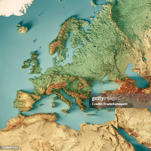 europe extended 3d render topographic map color - topographie photos et images de collection