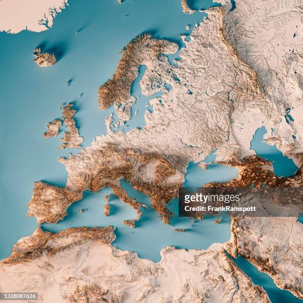 europa extended 3d render mappa topografica neutrale - europa continente foto e immagini stock