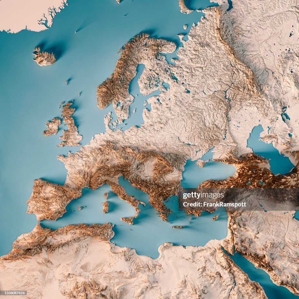Europe Extended 3D Render Topographic Map Neutral