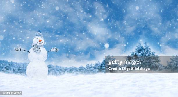 snowman in a snowy winter glade near the forest - snowman stock-fotos und bilder