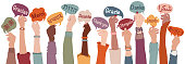 Raised arms and hands of multi-ethnic people from different nations and continents holding speech bubbles with text -thank you- in various international languages.Communication.Equality