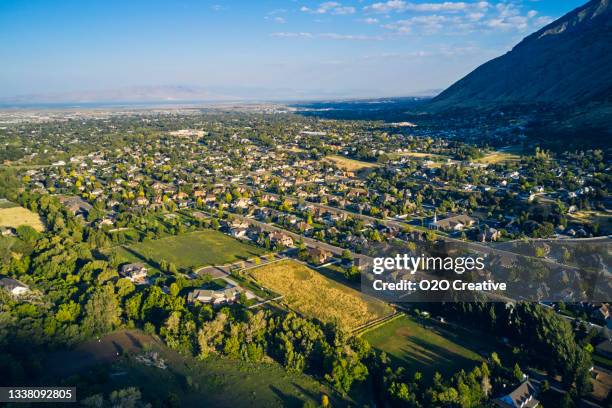 aerial view of mapleton and springville utah area usa - springville utah stock pictures, royalty-free photos & images