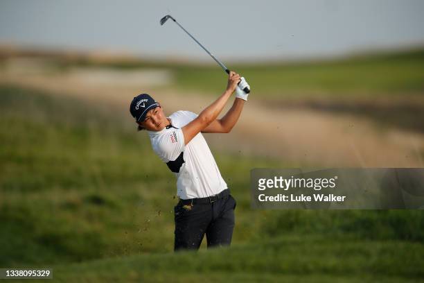 Min Woo Lee of Australia plays his second shot on the 18th hole during Day Two of The Italian Open at Marco Simone Golf Club on September 03, 2021 in...