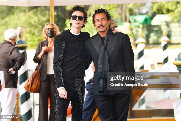 Haider Ackermann and Timothèe Chalamet are seen arriving at the 78th Venice International Film Festival on September 03, 2021 in Venice, Italy.