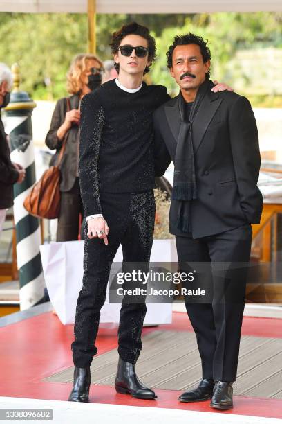 Haider Ackermann and Timothèe Chalamet are seen arriving at the 78th Venice International Film Festival on September 03, 2021 in Venice, Italy.