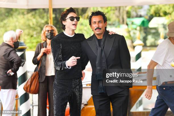 Haider Ackermann and Timothèe Chalamet are seen arriving at the 78th Venice International Film Festival on September 03, 2021 in Venice, Italy.