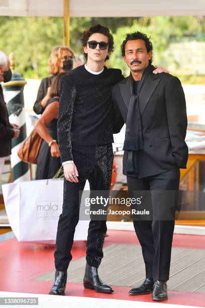 Haider Ackermann and Timothèe Chalamet are seen arriving at the 78th Venice International Film Festival on September 03, 2021 in Venice, Italy.