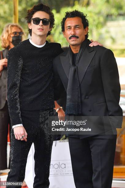 Haider Ackermann and Timothèe Chalamet are seen arriving at the 78th Venice International Film Festival on September 03, 2021 in Venice, Italy.