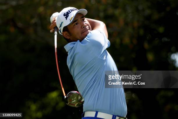 Hideki Matsuyama of Japan plays his shot from the fifth tee during the second round of the TOUR Championship at East Lake Golf Club on September 03,...