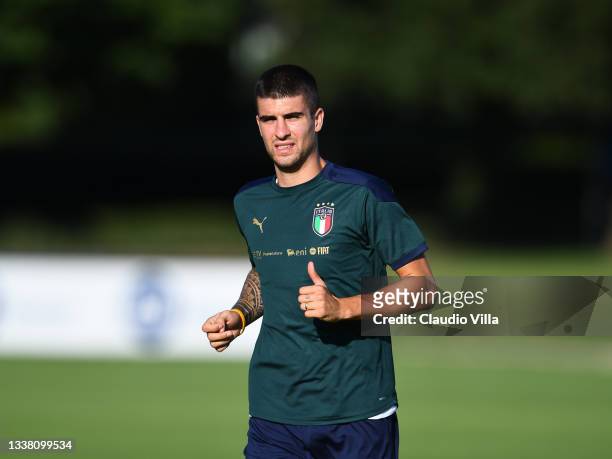 Gianluca Mancini of Italy in action during training session at Centro Tecnico Federale di Coverciano on September 03, 2021 in Florence, Italy.