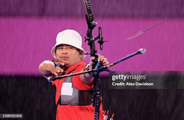 Lixue Zhao of Team China in action during his Men's Recurve quarterfinal match against David Phillips of Team Great Britain on day 10 of the Tokyo...