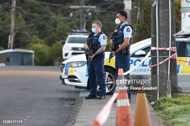 Armed police guard the Masjid-E-Bilal mosque in Glen Eden on September 04, 2021 in Auckland, New Zealand. Police shot and killed a "violent...