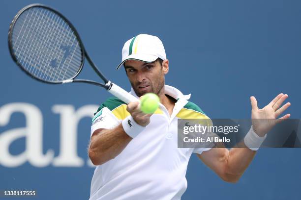 Pablo Andujar of Spain returns against Daniil Medvedev of Russia during his Men's Singles third round match on Day Five of the US Open at USTA Billie...