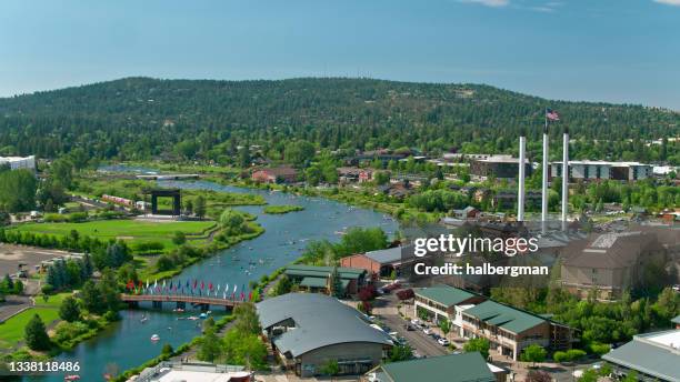 drone shot of bend in summer - v oregon stock pictures, royalty-free photos & images