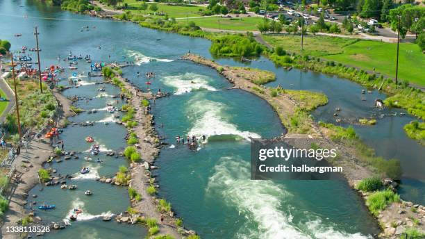 aerial shot of bend whitewater park - river deschutes stock pictures, royalty-free photos & images