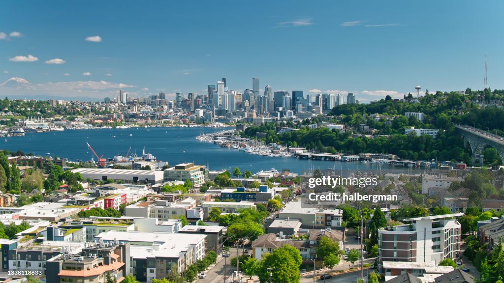 Drone Flight Over Fremont Looking Across Lake Union Towards Downtown Seattle