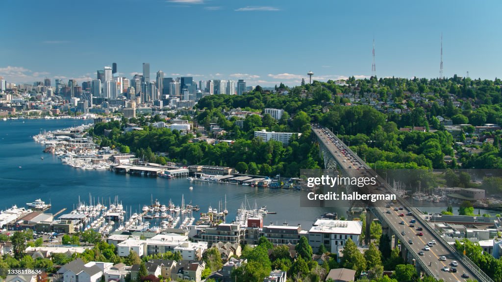 Drone Shot of Lake Union and Seattle from Over Fremont
