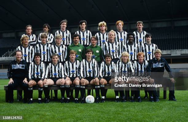 The Newcastle United squad pictured ahead of the 1985/86 season at St James' Park in July 1985 in Newcastle upon Tyne, England, members of the squad...