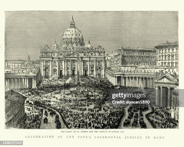 vintage-illustration der menschenmassen auf der piazza des petersdoms und des vatikans am jubiläumstag 1888 - jubeljahr stock-grafiken, -clipart, -cartoons und -symbole