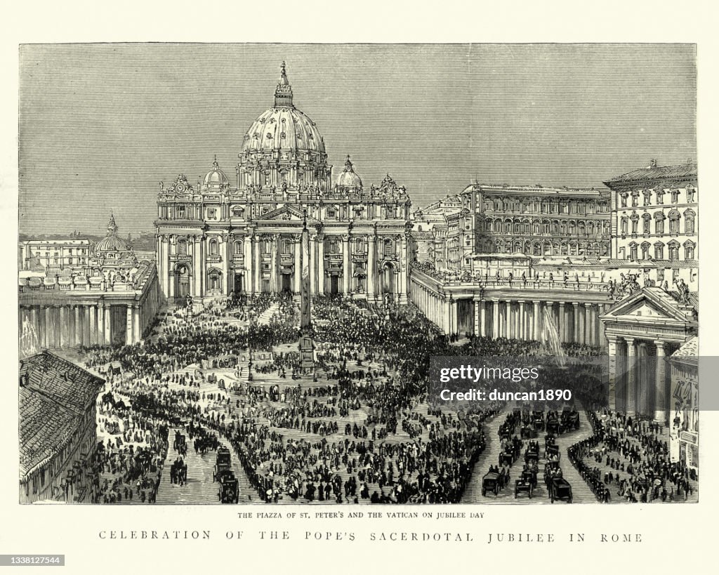 Illustrazione vintage delle folle in Piazza di San Pietro e in Vaticano il giorno del Giubileo, 1888