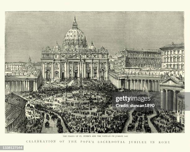 ilustrações, clipart, desenhos animados e ícones de ilustração vintage de multidões na piazza de são pedro e no vaticano no dia do jubileu, 1888 - basílica