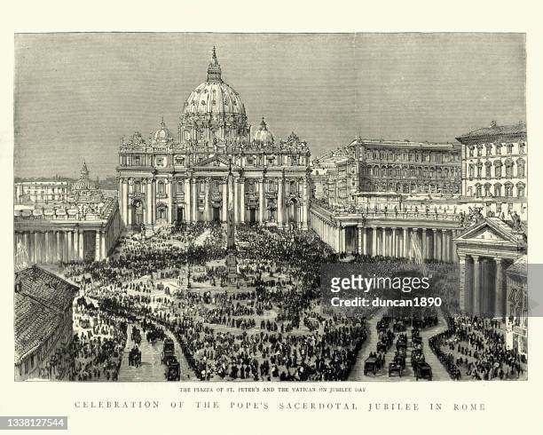 vintage illustration of crowds in piazza of st peter's and the vatican on jubilee day, 1888 - st peters basilica the vatican stock illustrations
