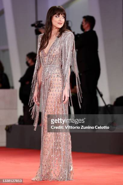 Dakota Johnson attends the red carpet of the movie "The Lost Daughter" during the 78th Venice International Film Festival on September 03, 2021 in...