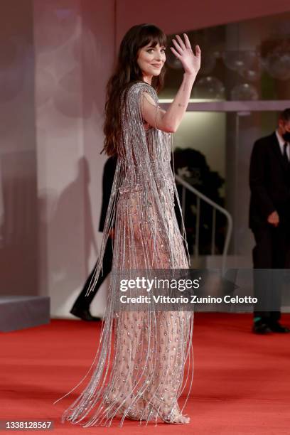 Dakota Johnson attends the red carpet of the movie "The Lost Daughter" during the 78th Venice International Film Festival on September 03, 2021 in...