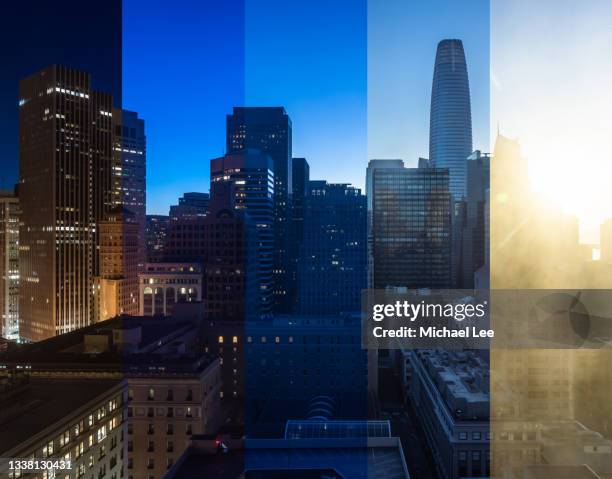 composite sunrise time lapse skyline view of san francisco, california - skyline dusk stock pictures, royalty-free photos & images