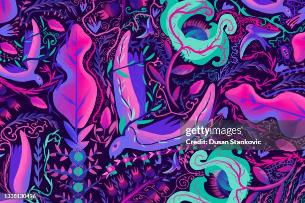 seamless pattern of birds in neon colors - spring background top view stock illustrations
