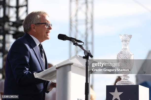 Ohio Governor Mike DeWine speaks to the crowd during the Solheim Cup Opening Ceremony at Promenade Park on September 03, 2021 in Toledo, Ohio.