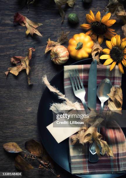 autumn dining table - place card stock pictures, royalty-free photos & images