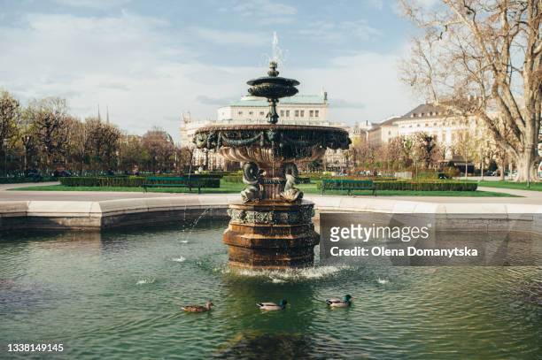 fountain with ducks in the park on the background of the city austria vienna - fountain 個照片及圖片檔