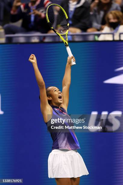 Leylah Fernandez of Canada celebrates match point against Naomi Osaka of Japan during her Women's Singles third round match on Day Five of the US...