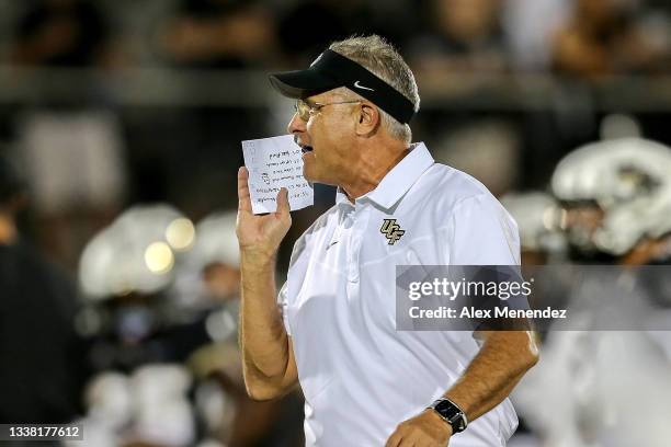 Head coach Gus Malzahn of the UCF Knights is seen against the Boise State Broncos at the Bounce House on September 2, 2021 in Orlando, Florida.