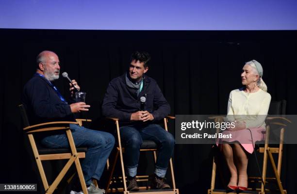 Roger Michell, David Wilson and Helen Mirren speak after a screening of "The Duke" at the Telluride Film Festival on September 03, 2021 in Telluride,...